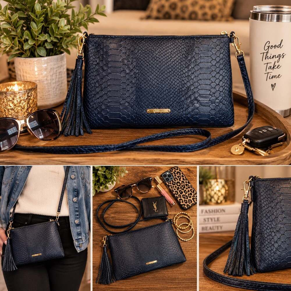 GiGi New York Navy Blue Python Leather Madison Convertible Crossbody Clutch MINT
